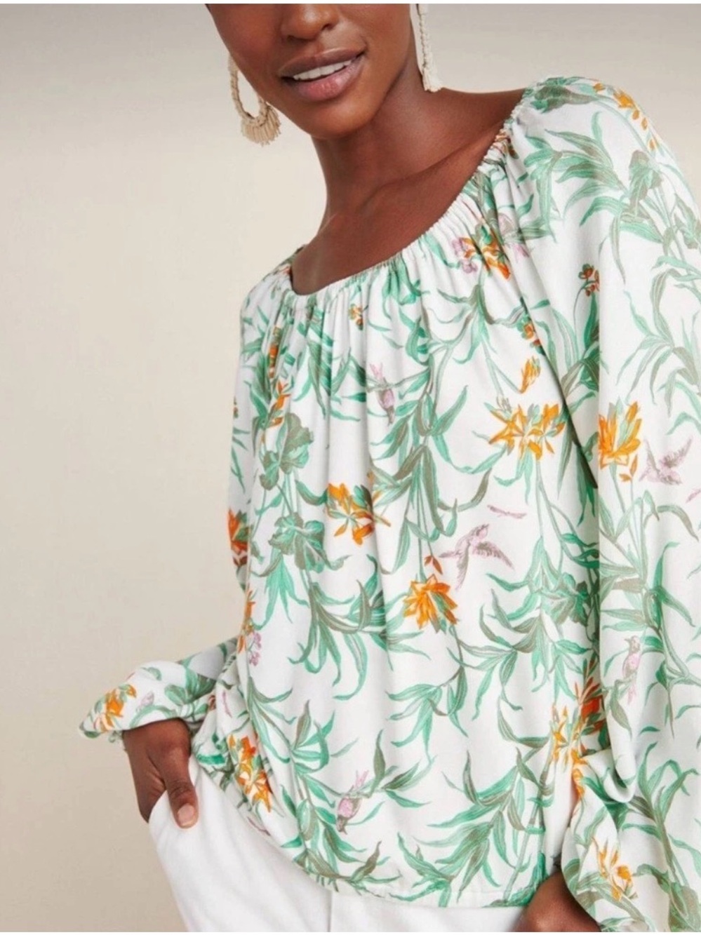 Anthropologie White Blouse with Green and Orange Floral Print
